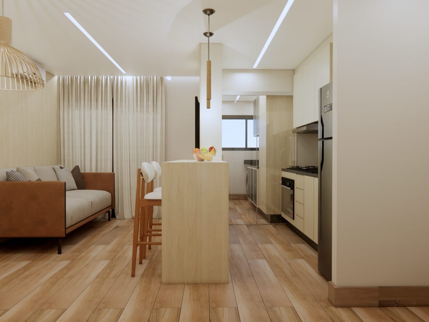 Sala e cozinha integradas com bancada central