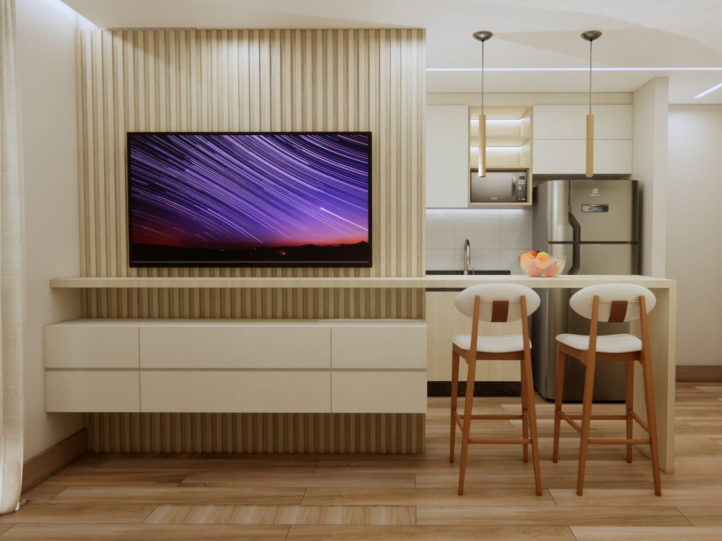 Estar com painel ripado e iluminação embutida