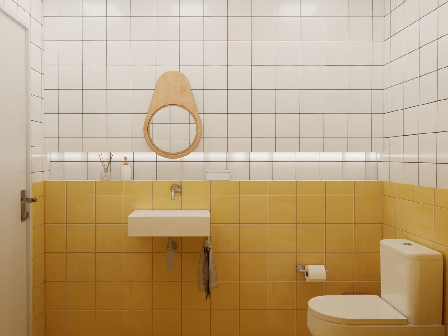 Banheiro com azulejo amarelo e branco e cuba suspensa