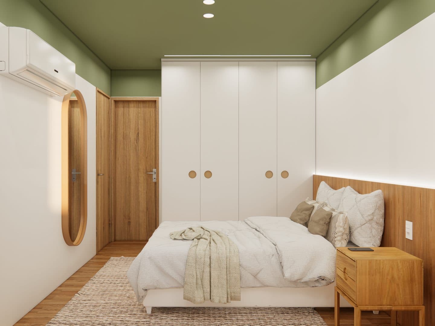 Quarto com armário sob medida e espelho oval