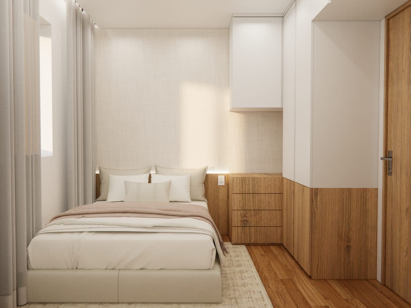 Quarto secundário com marcenaria em madeira e branco