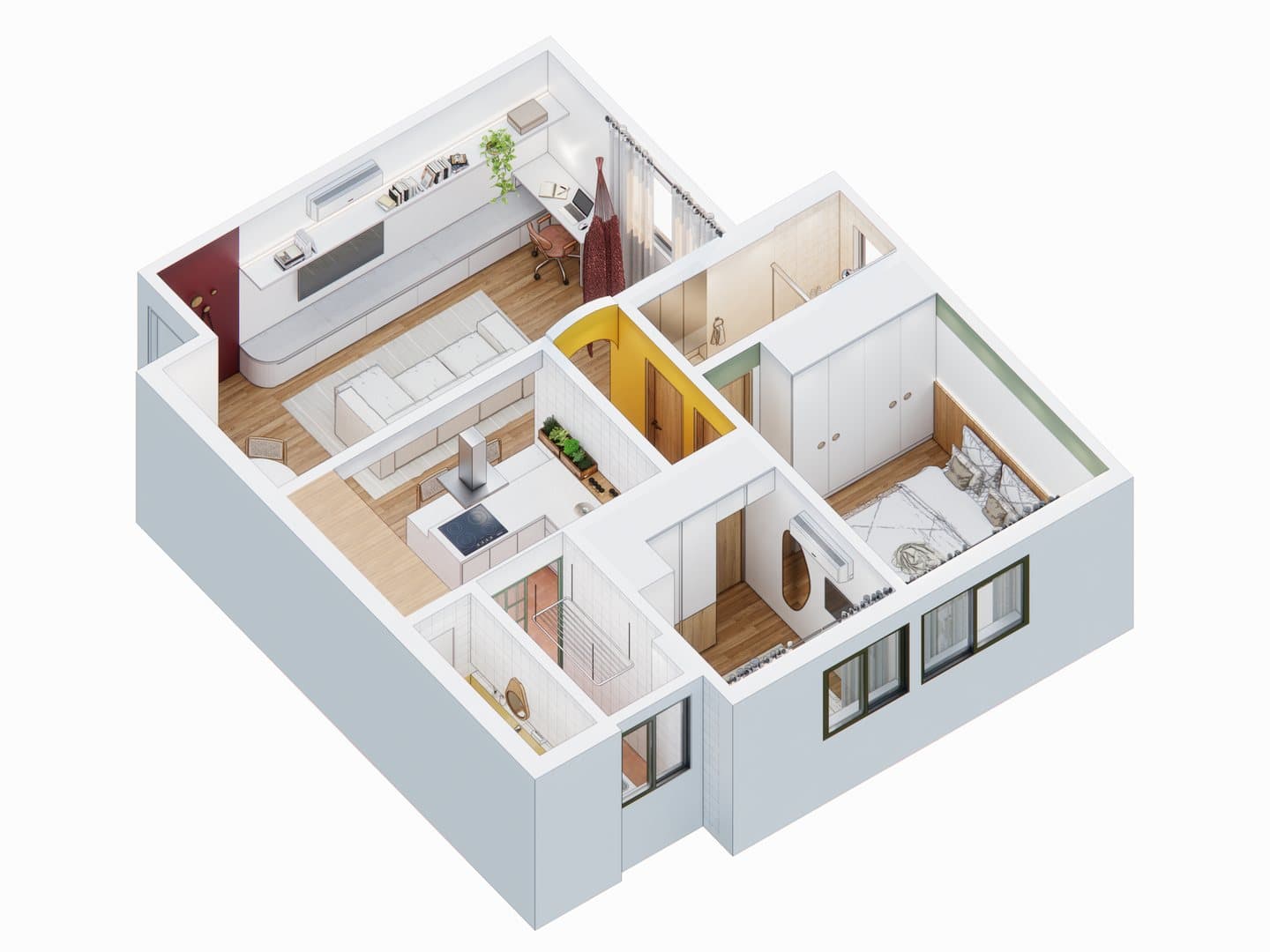 Vista axonométrica do apartamento com os ambientes abertos