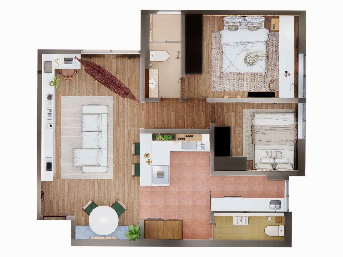 Planta humanizada do apartamento de dois quartos