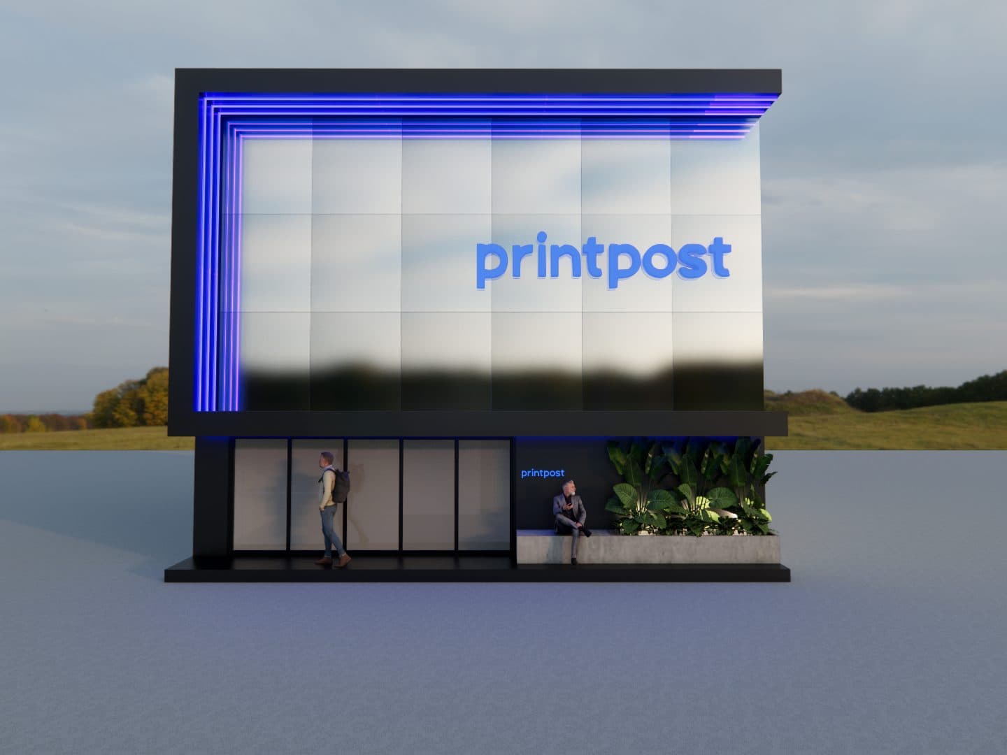 Fachada com letreiro iluminado ao entardecer, PrintPost