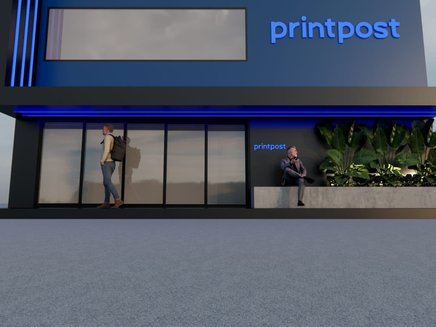 Entrada térrea com vidro e vegetação, PrintPost
